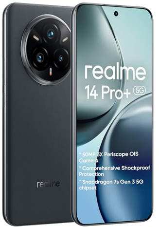realme 14 Pro + 5G Smartphone 8+256GB 50MP IMX882 Periscope, Procesador Snapdragon 7s, pantalla 6,83 pulgadas 120Hz, batería Titan 5260mAh, Negro