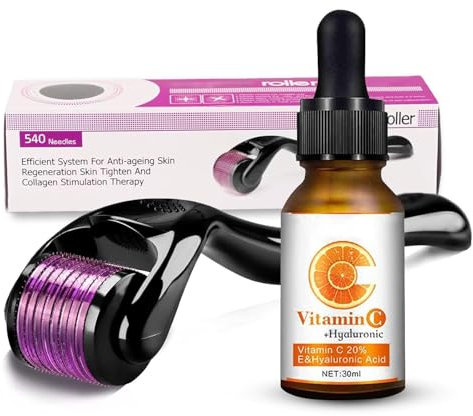 agctrler Set di microneedling di vitamina C, Derma Roller 0,5 mm con vitamina C siero, 540 Titanium Dermaroller, macchie di pigmento e rimozione dei brufoli, sistema anti-invecchiamento per