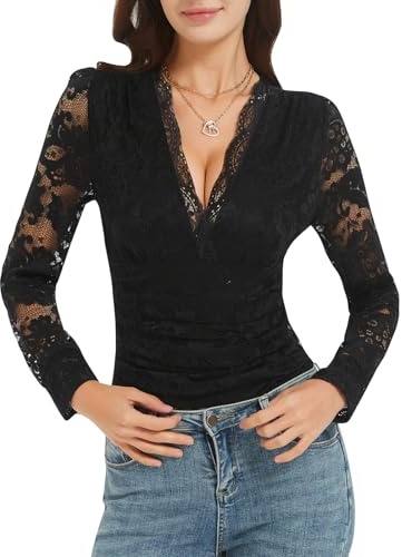 Soudittur Body Femme en Dentelle, Bodysuit Encolure en V Manches Longues – Body Sexy Chic Élégant Dentelle Top pour le Bureau et les Soirées (Noir, S)