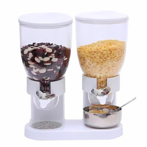 Cereal Dispenser Double Duo Plastic Storage Cornflakes Muesli Candy Rice Cereal Dispenser nizer (WHITE)
