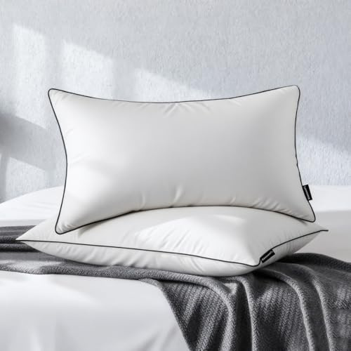 Feather Down Pillow Standard Size Set of 2, 100% Cotton Luxury Hotel Collection Bed Pillows for Sleeping, Down Surrounded Fluffy Soft Medium Firm Pillows for Side Back Stomach Sleepers 20 x 26