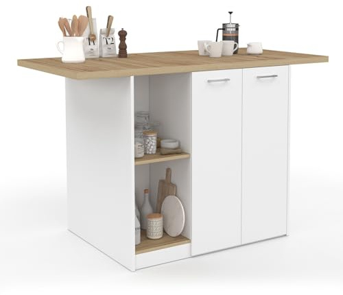 IDMarket – Ilot Central BAO 140 cm 4 personas madera blanca y forma haya | Color blanco con encimera de haya