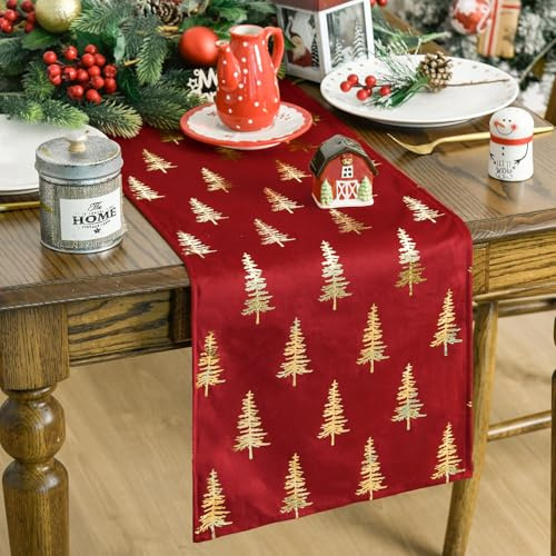 Artoid Mode Rot Kurzflor Folie Bäume Weihnachten Tischläufer 33x303 cm, Winter X Mas Küche Tisch Dekoration Drinnen Urlaub Party Dekor