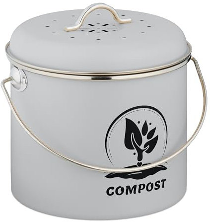 Relaxdays Komposteimer Küche, 3,5 Liter, 2 Aktivkohlefilter, mit Deckel, Henkel, Eisen, runder Biomüllbehälter, grau