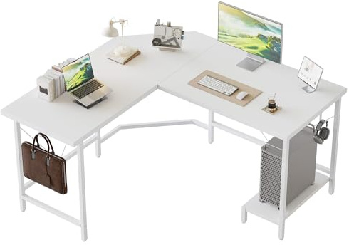 Mericonia L Shaped Desk, Diamond Design for Socket, 120x110cm, White | Corner Gaming Desk with 2 Hooks, Easy to Assemble, Computer Desk for Home Office, All-in-One Solution for Work & Leisure