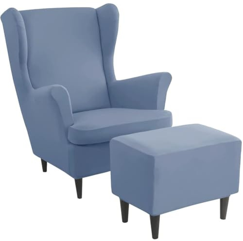 Generisch Ohrensessel überzug mit Hocker Bezug- 2 Teilig Sessel-Überwürfe+1 Teilig Ottomane Schonbezug, Beige/Grün/Rosa/Blau Schonbezüge Sesselhusse Stretch Stuhlbezug mit Armlehne,P