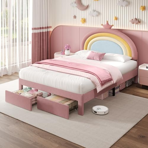4ft6 Double Bed Frame Upholstered Platform Bed with 2 Storage Drawers and Adjustable Crown Rainbow Headboard, Upholstered Bed for Adults Kids Teenagers, Metal-Wood Support, Velvet, No Mattress, Pink