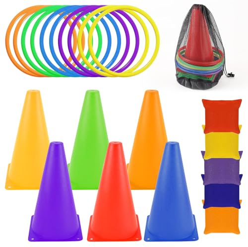 Jasjfasd Parcours Motricité Enfant, Jeux Exterieur Enfant, Jeux de Lancer d'Anneaux, Lancer Cônes avec Anneaux, Exterieur Kit Anniversaire Fête, Toss Jeu de Jeux pour Fête d'anniversaire