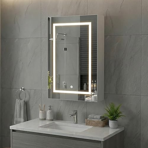 BEIJIALY Badezimmer spiegelschrank mit Beleuchtung 70x50cm, Spiegelschrank Bad mit LED Doppeltür Badschrank mit Spiegel und Ablage,Hängeschrank,3 Beleuchtungsmodus,Berührung Sensorschalter Weiß