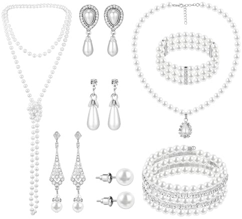 ZYLOUY Perlenkette Damen, 8-teiliges Perlenschmuck Set mit 20er Jahre Accessoires, 1920er Accessoires Damen, Juwelen Kette in 12.5cm und 18cm, Sehr Fein Und Einfach