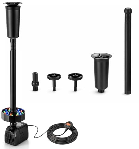 1500L/H Fountain Pump with 12 LED Lights, 10M Cable Submersible Water Pond Pump with Mushroom & Blossom Spray Head for Water Feature, Aquarium Fish Tank, Max Lift 2m (1500L/H with 3 Nozzle)