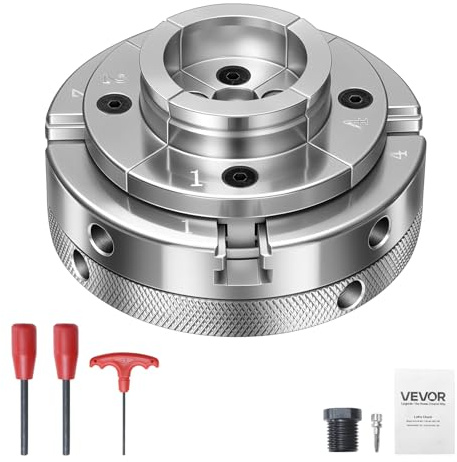 VEVOR 4 Inch Wood Lathe Chuck, 4-Jaw, Self-Centering Wood Turning Chuck Set with 1 x 8TPI Thread & Adapter, Nickel-Plated, High-Hardness Steel, Inside Clamping & Outside Support, for Woodworking