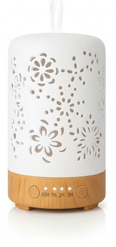 Aroma Diffuser Keramik - Ultraschall Diffuser ätherische Öle mit LED Licht 7 Farben – Für Wohnzimmer, Bad & Schlafzimmer – Design Aromadiffuser mit Holzsockel