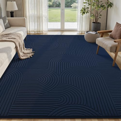 Sour Lemon Rugs Living Room 240x300cm, Navy Blue Shaggy Rug for Bedroom | 3D Geometric Modern Short Pile Carpet Mat, Extra Large Washable Anti Slip Area Rugs for Kids Room Lounge, Non Shedding