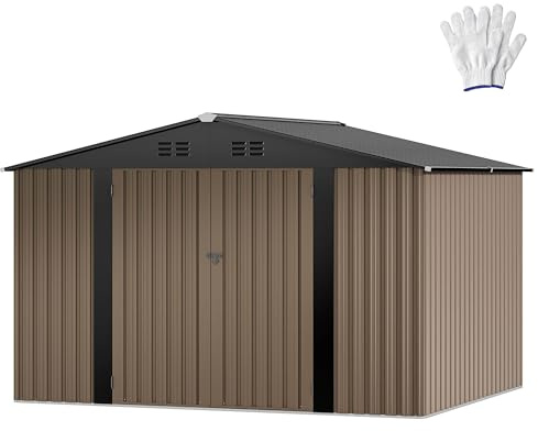 DWVO Metall Gerätehaus 10x8 Fuß (ca. 292x225x194 cm), wasserdichter Gartenschuppen mit abschließbarer Tür & Belüftung, Stabiler Werkzeugschuppen für Fahrräder, Rasenmäher & Gartengeräte –Braun