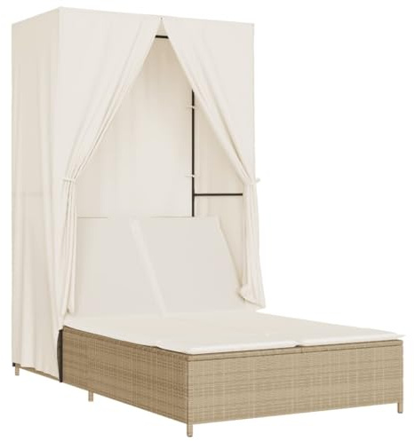 KGHFDVB Doppel-Sonnenliege mit Dach und Vorhängen, PE Rattan Doppelliege beige mit 4-Fach Verstellbarer Rückenlehne, Poly Rattan Sonnenliege mit dick gepolsterten Kissen und abnehmbaren