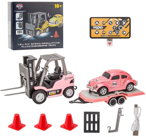 MODDECO Mini carrello elevatore RC 1/64, 2.4G in lega telecomando modello di carrello elevatore con gancio carico/forche/pallet, veicolo da costruzione RC, regalo di compleanno di Natale per gli