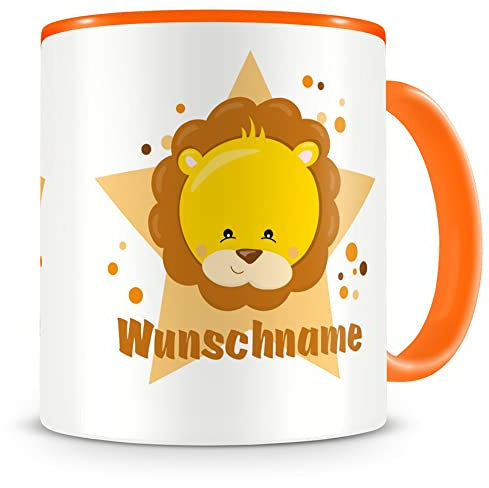 Samunshi® Kindertasse mit Namen Tasse Süßer Löwe Personalisierte Tasse mit Namen Kinder Kinderbecher personalisierter Text Namenstasse Kindergarten orange 300ml