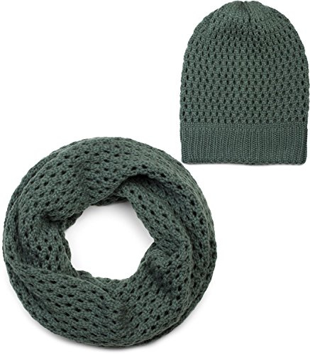 styleBREAKER Strick Loop Schal und Mütze Set, Loch Muster Strickschal mit Beanie Strickmütze, Winter, Unisex 01018210, Farbe:Dunkelgrau