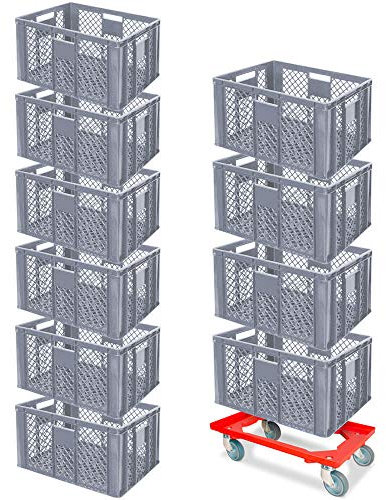 BRB 10er Spar-Set Euro-Stapelbehälter Plus Transportroller, 600x400x320 mm Industriequalität lebensmittelecht grau
