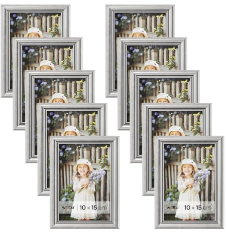 WOLTU Bilderrahmen 10x15, 10er set, Massivholz Fotorahmen mit Passepartout | Silber, Front aus PS-Platte, Posterrahmen zum vertikalen oder horizontalen Aufhängen und Aufstellen, Collage Wanddeko