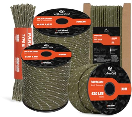 Abma Cord Paracord 620lbs 4mm 30M 100% Nylon Seil Typ 3 Schnur mit 9 Kern | Max 280kg (620lbs), Basteln, Camping, Survival, Outdoor