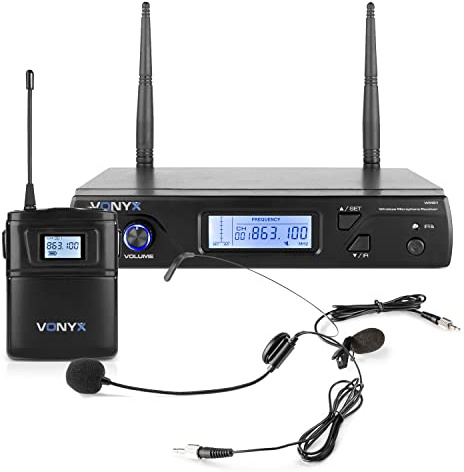VONYX WM61B UHF Wireless Headset Microphone System, Professional Mic with Lapel and Headset, 16 Selectable Frequencies, XLR & 6.3mm Outputs for Performers, Speakers, Fitness