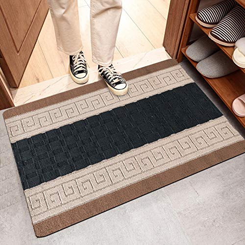 PHP Non Slip Large Front Door Mat, 50 x 80 cm Washable, Anti Slip and Waterproof Gel Back, Outdoor and Indoor Rug, Gel Backed Dirt Trapper Kitchen Door Mat - Black Beige