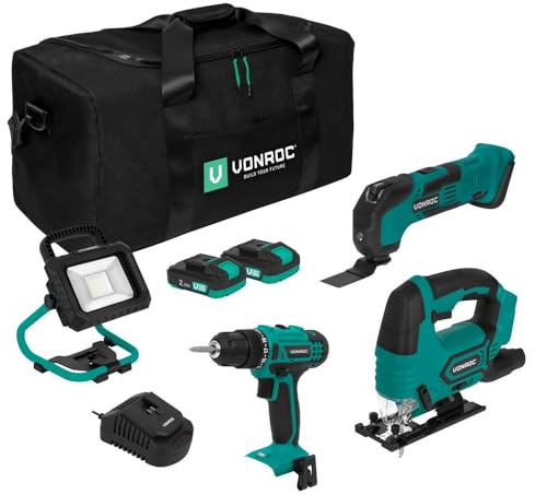 VONROC Coffret d’Outils VPower 20V – Perceuse, Scie Sauteuse, Outil Multifonction & Lampe LED – 2 Batteries 2.0Ah, Chargeur Rapide & Sac à Outils – Set Complet Polyvalent