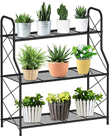 Mutool 3 Tier Metal Plant Stand, Ladder Shelf for Outdoor Indoor Plant, Corner Plant Shelf Ladder Planter for Garden Balcony & Patio, Black