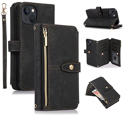 UEEBAI Hülle für iPhone 13 Mini 5.4 inch, 9 Kartenfäche Retro Leder Klapphüllen Stoßfest Flip Case mit Handschlaufe Standfunktion Reißverschluss Handyhülle Magnetverschluss – Retro Schwarz