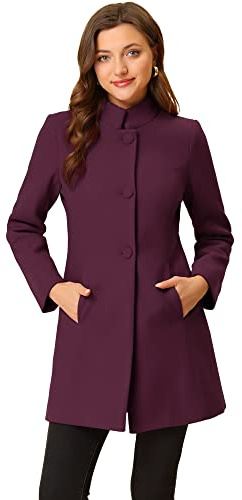 Allegra K Women Winter Overcoat Mid-Long Stand Collar Single Breasted Coat | Warm casual peacoat, Versatile office daily outerwear, Loose relaxed fit, Elegant stand collar detail, Purplish Red L