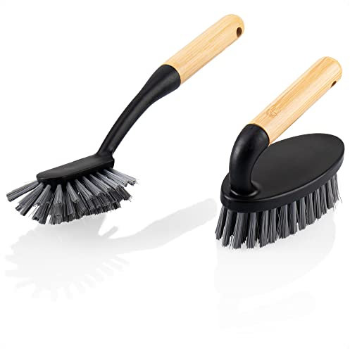 COM-FOUR® Juego de Limpieza de 2 Partes - Cepillo para Fregar y Cepillo para Platos - Set de Limpieza de bambú y plástico para el hogar - Cepillo para Platos y Cepillo de Mano (02 Piezas Negro/bambú)