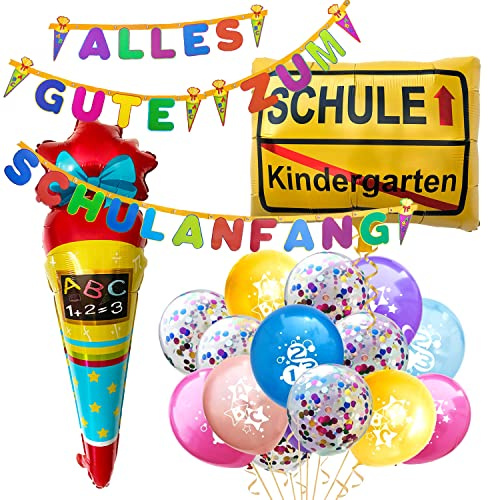 Oblique Unique® Einschulung Deko Set – 3,2 m Girlande „Alles Gute zum Schulanfang“ + 15 ABC & Konfetti Luftballons + Zuckertüten-Folienballon + Ortsschild-Ballon – Deko für Schuleinführung