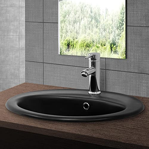 ML-Design Lavabo en Céramique Noir Mat, 57x48,5x19,5 cm, Design Ovale, Vasque á Encastré Moderne, Lavabo de Comptoir Élégant, Lavabo avec Trop Plein, Lave-Mains pour Salle de Bains/WC pour Invités