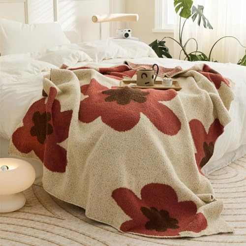 GunziStreet Floral Throw Blanket Big Flower Pattern Soft Cozy Warm Fuzzy Fluffy Microfiber Feather for Couch Bed Sofa Baby Pets Home Decor All Season (Chen Red, 47''x59'')