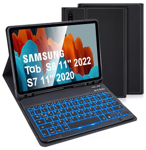 LAMA Tastatur Hülle Mit Hintergrundbeleuchtung für Samsung Galaxy Tab S8 11 2022/Tab S7 11 2020, Deutsches QWERTZ Layout, Kabellose Bluetooth Tastatur, Schwarz Beleuchtet