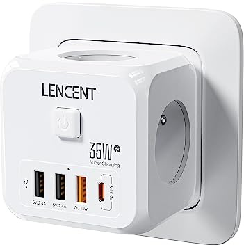 LENCENT Prise USB Secteur PD35W Multiple Murale Cube, 7 en 1 Multiprises | Chargeur Rapide PD35W avec 3 Sortie AC 4000W, 1 Type C et 3 Ports USB, Prise Murale Electrique Idéal pour maison, bureau