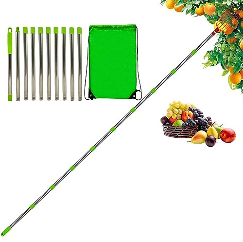 Cueille Fruit avec Manche Telescopique, Ramasse Fruit INOX, Cueille Fruits, Pince avec Panier en Acier Inoxydable pour Fruits Pomme Orange, Légèrement Stable Et Peu Encombrante