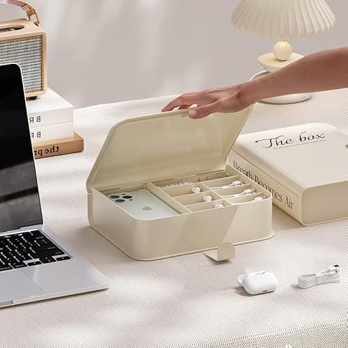 STARRY G Cable Tidy Box with Lid, 8 Grids Cable Management Box, Cable Organizer Box, Extra Large Storage Box for Data Cables, Charging Plug, Desktop Sundries, Free 10 Sorting Stickers&10 Cable Ties