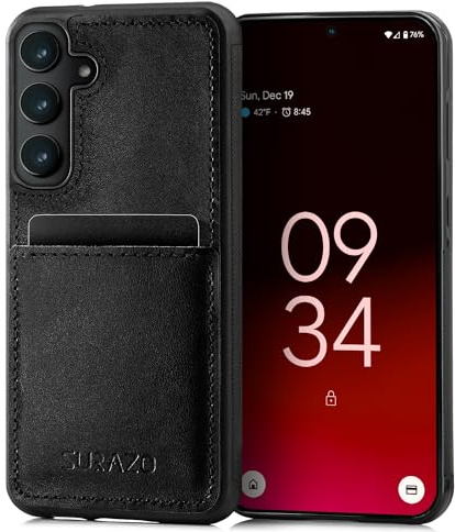 SURAZO Premium äkta läder-bakfodral för Samsung Galaxy S24 fodral – stötsäkert läder mobiltelefonfodral med [kortfack, nyckelringar] vintage smal stötfångare skyddsfodral (svart)