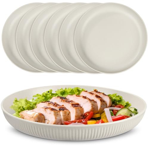 Esilihom Juego de 6 platos irrompibles, platos de plástico de 22,5 cm, reutilizables para ensaladas, pastas, fiestas, hogar, oficina, microondas y lavavajillas, color beige