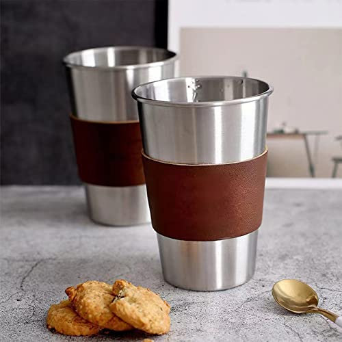 Tazas de café de acero inoxidable, 4 unidades, vasos de acero inoxidable, 500 ml, apilables, vasos de metal, jarras de cerveza, tazas de acero inoxidable, tazas personalizadas con estuche de piel para