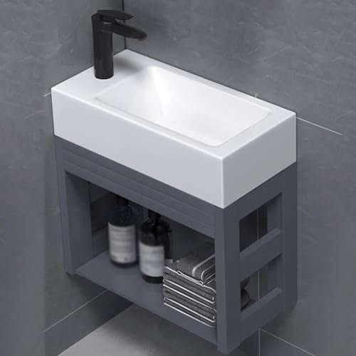 LLYLAFDC Waschtisch Rechteckig Eckig Weiss, Spültisch Einzelbecken, Waschbecken Mit Unterschrank Mit Keramik Aufsatzbecken, Wandmontiertes Keramikwaschbecken,bad Schrank Klein(50cm)