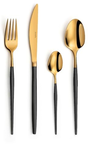 Amefa SOPRANO Besteckset, 16-teilig, Essbesteck, Edelstahl mit PVD-Veredelung, Tafelbesteck, goldene Eleganz für den Esstisch, stilvoll endetes Design