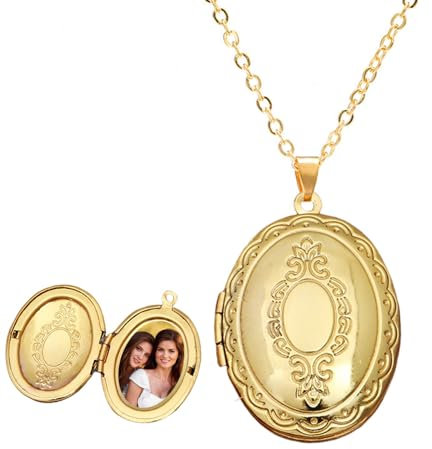 TJUSPIRIT Vintage Medaillon Foto Kette Damen Edelstahl Photo Bild Amulett zum Öffnen Anhänger Oval Medaillon Foto Halskette Charms Schmuck Geschenk für Damen Mädchen Mutter Tochter Freundin(Gold)