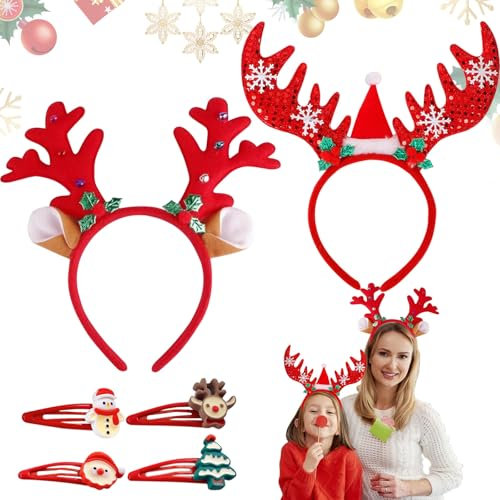 Capgoost Rentier Haarreif, 2 Stück Haarreif Weihnachten, Geweih Haarreifen, Weihnachts Haarspangen, Haarreifen Rentier mit Ohren, Weihnachts Haarschmuck, Geweih Kopfschmuck für Fasching Karneval(B)