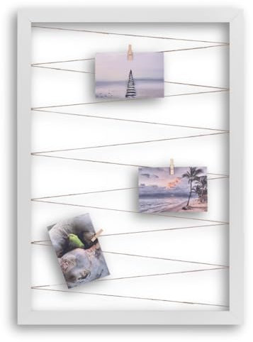 CLAMARO 'Collage Line' Fotohalter 40x60 cm | Weiß Matt | Hochformat Bilderrahmen mit Fotoleine aus Juteband und Holzklammern | Ideal als Fotocollage Galerie, Fotowand oder Fotorahmen