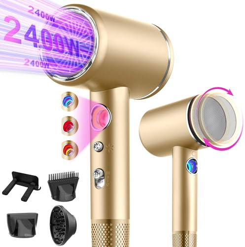 Tisoutec Secador de pelo profesional de iones con motor AC 2400 W, difusor de pelo 4 en 1, botón caliente/frío, 3 niveles de calor, 3 niveles de velocidad, incluye