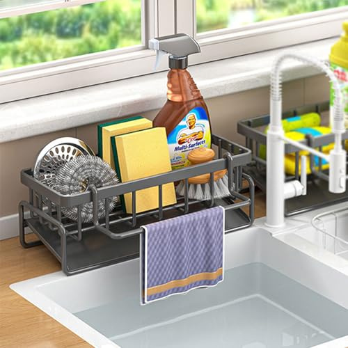 Laphontab Spülbecken Organizer, Spüle Organizer Küchen Mit Selbstentleerender Ablaufwanne for Schwammhalter, Spültuchhalter Handtuchhalter, Super Zubehör für Küche und Badezimmer. (Silbergrau)